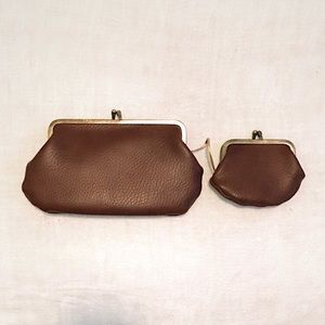 Vintage Leather Wallet Clutch + Coin Purse Set